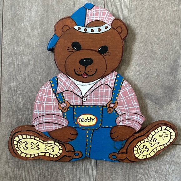 Vintage 90s Hand Crafted Wooden ‘Teddy’ Bear Nursery Kids Boys Room Decor - Picture 9 of 16